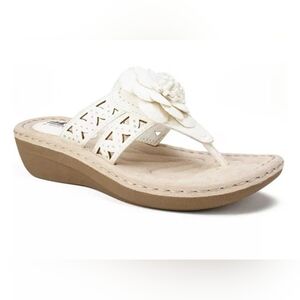 White Mountain Women's 8 White Floral Cynthia Wedge Cushioned Boho Thong Sandals